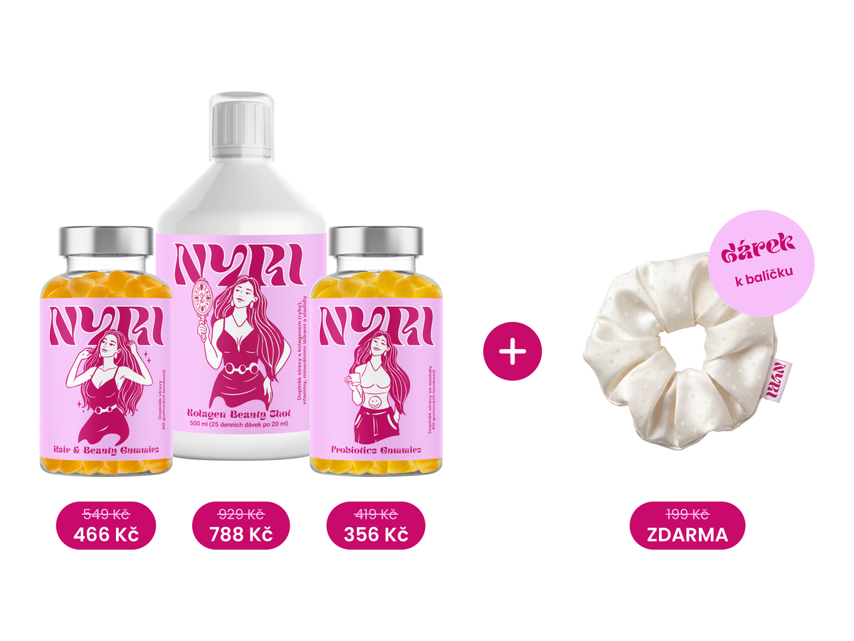Balíček NYRI Beauty Ritual – Kolagen Beauty Shot, Hair & Beauty Gummies a Probiotics Gummies