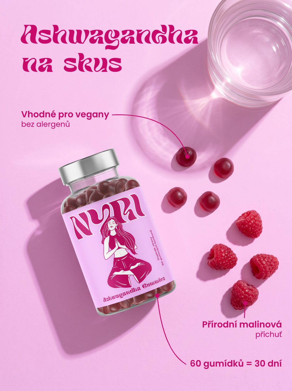 NYRI Ashwagandha Gummies – lahvička a gumídky shora