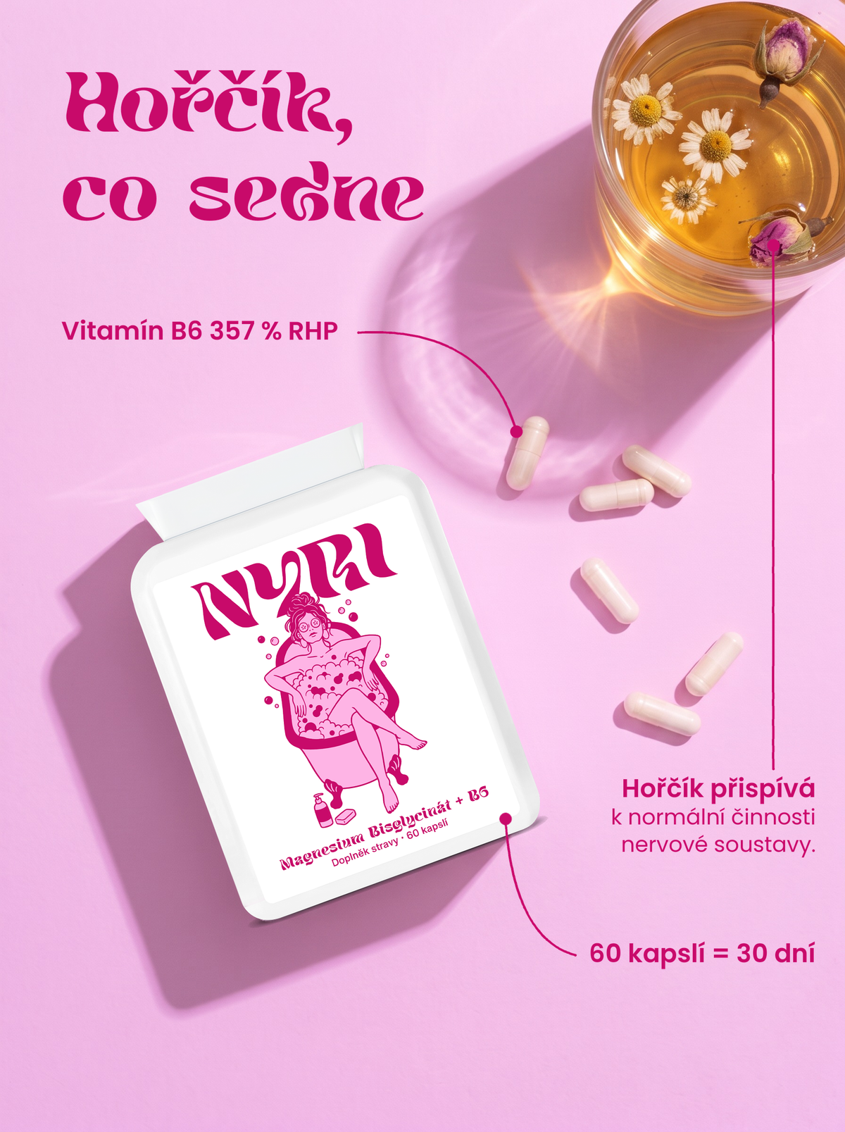 NYRI Magnesium Bisglycinát + B6 – balení shora s ingrediencemi