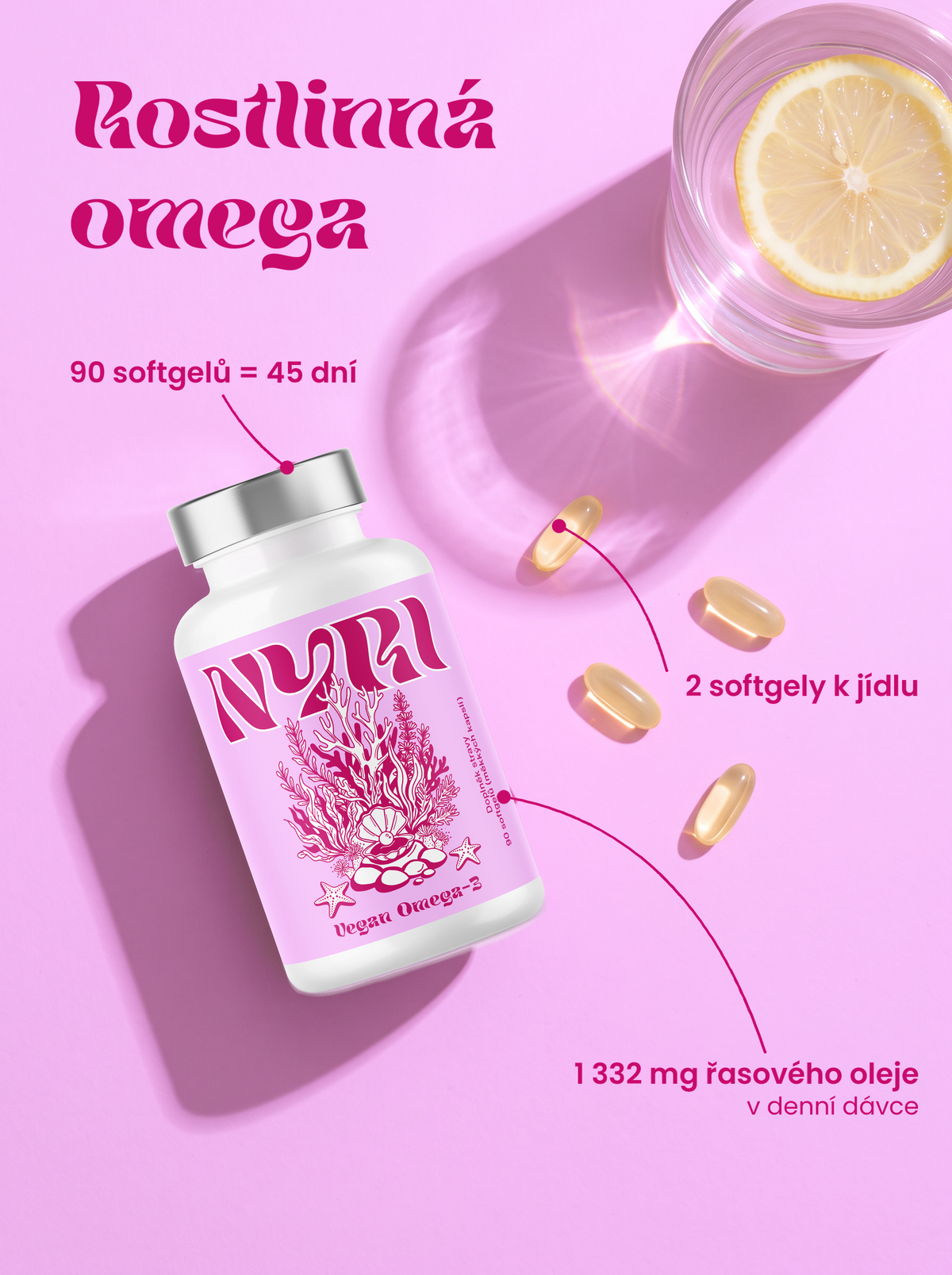 NYRI Vegan Omega-3 – balení shora s ingrediencemi