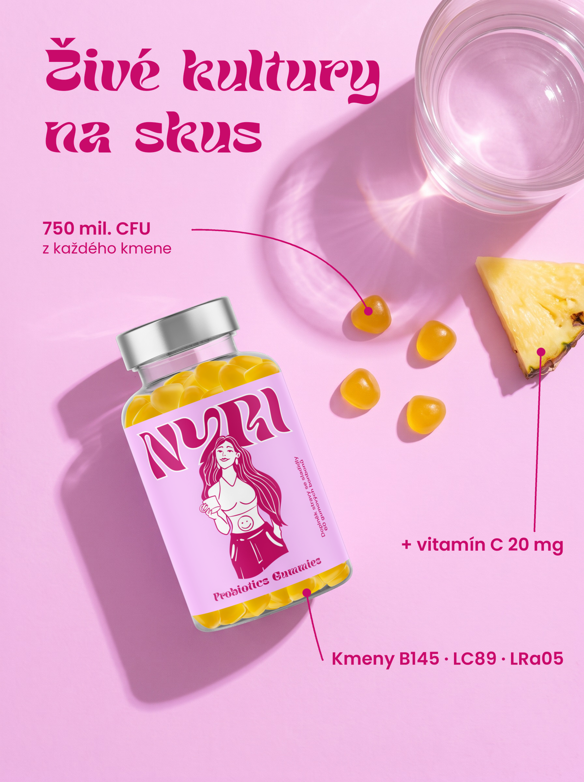 NYRI Probiotics Gummies – lahvička a gumídky shora