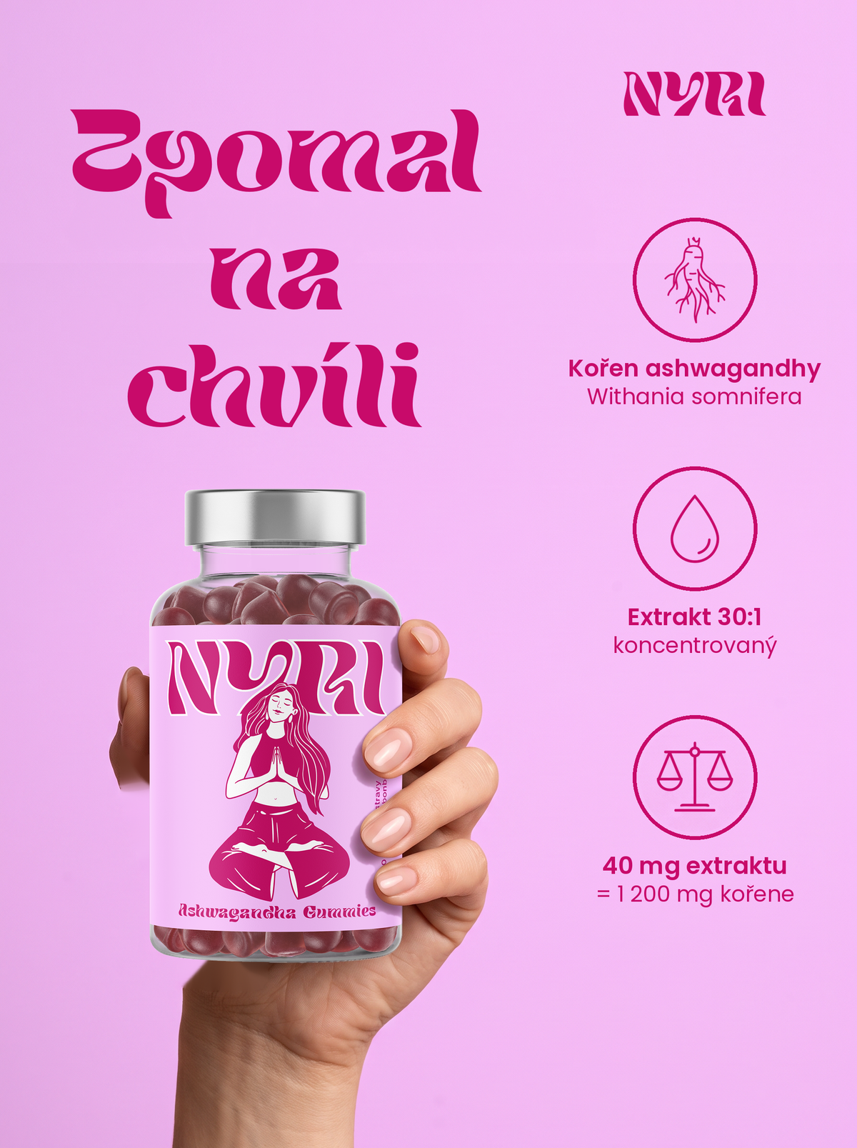 Ruka drží lahvičku NYRI Ashwagandha Gummies – přehled složení