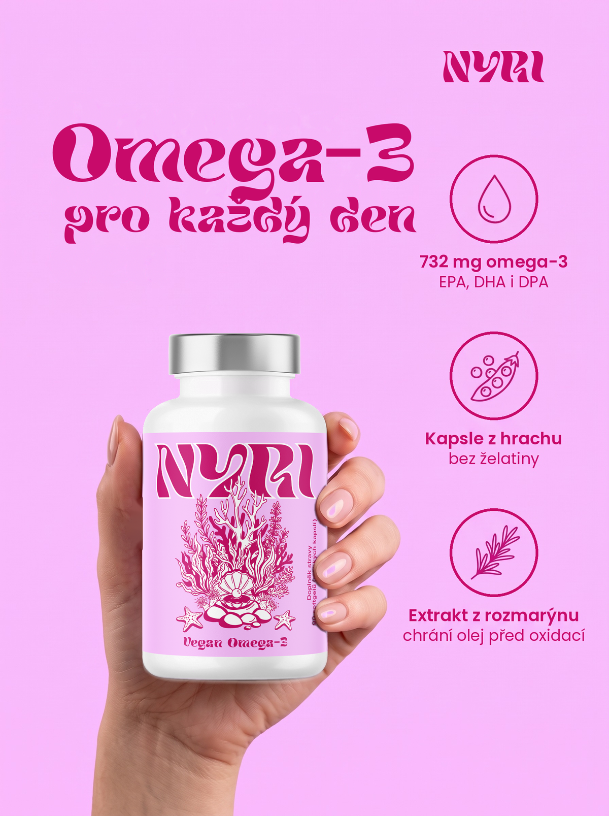 Ruka drží NYRI Vegan Omega-3 – přehled složení