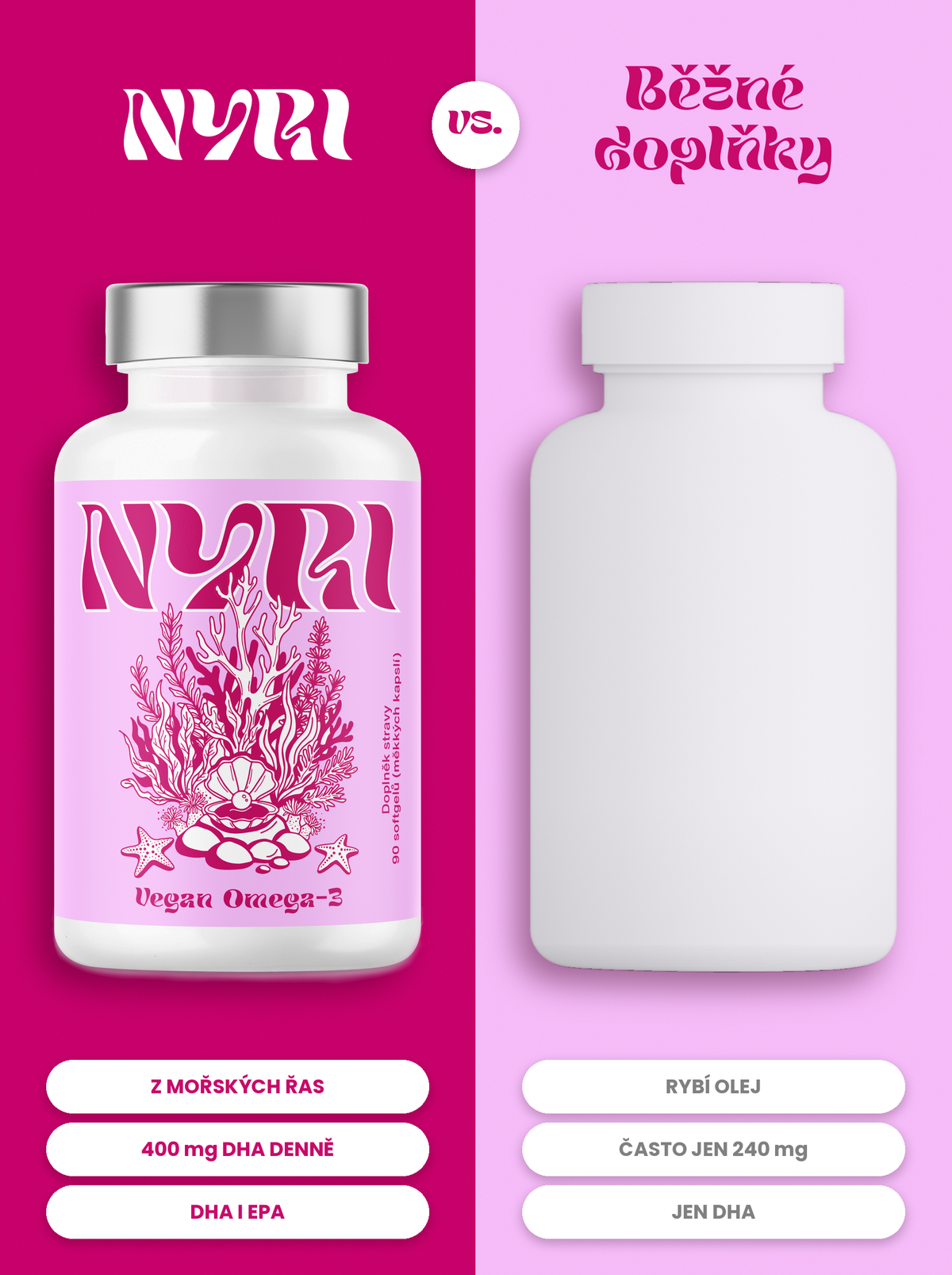 Srovnání NYRI Vegan Omega-3 a běžných doplňků stravy