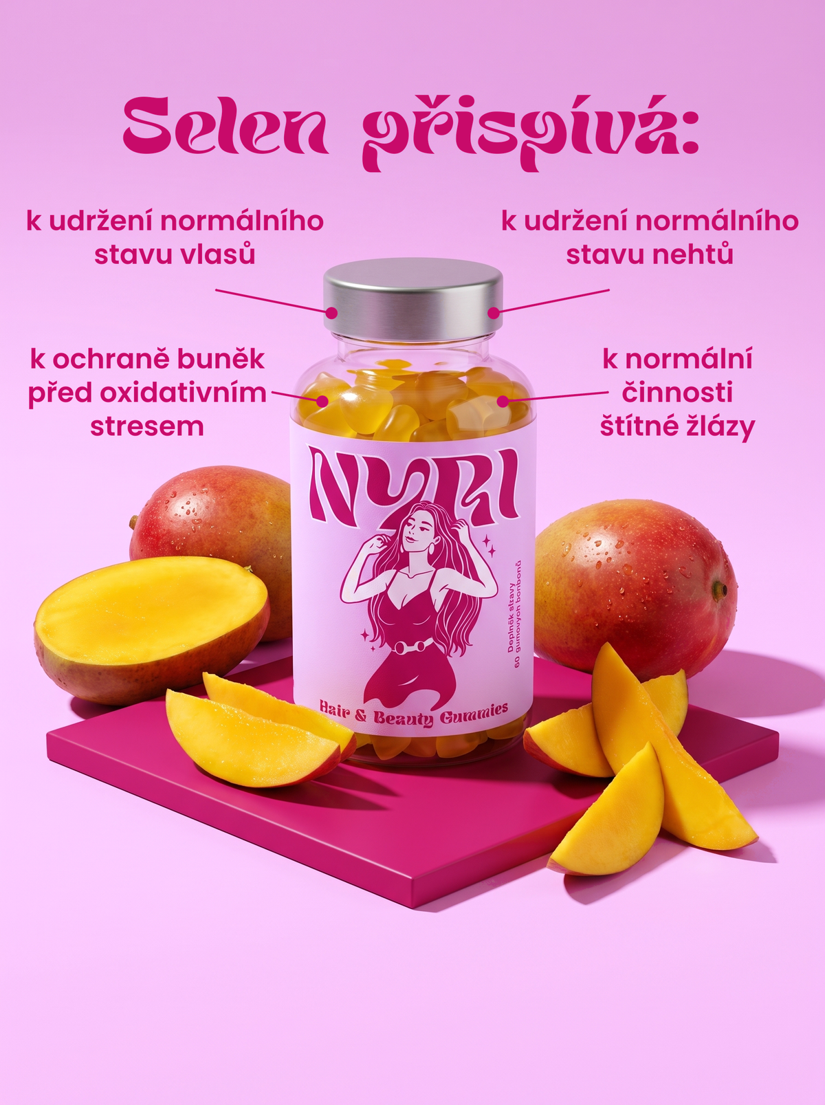 Selen v NYRI Hair & Beauty Gummies – infografika s mangem